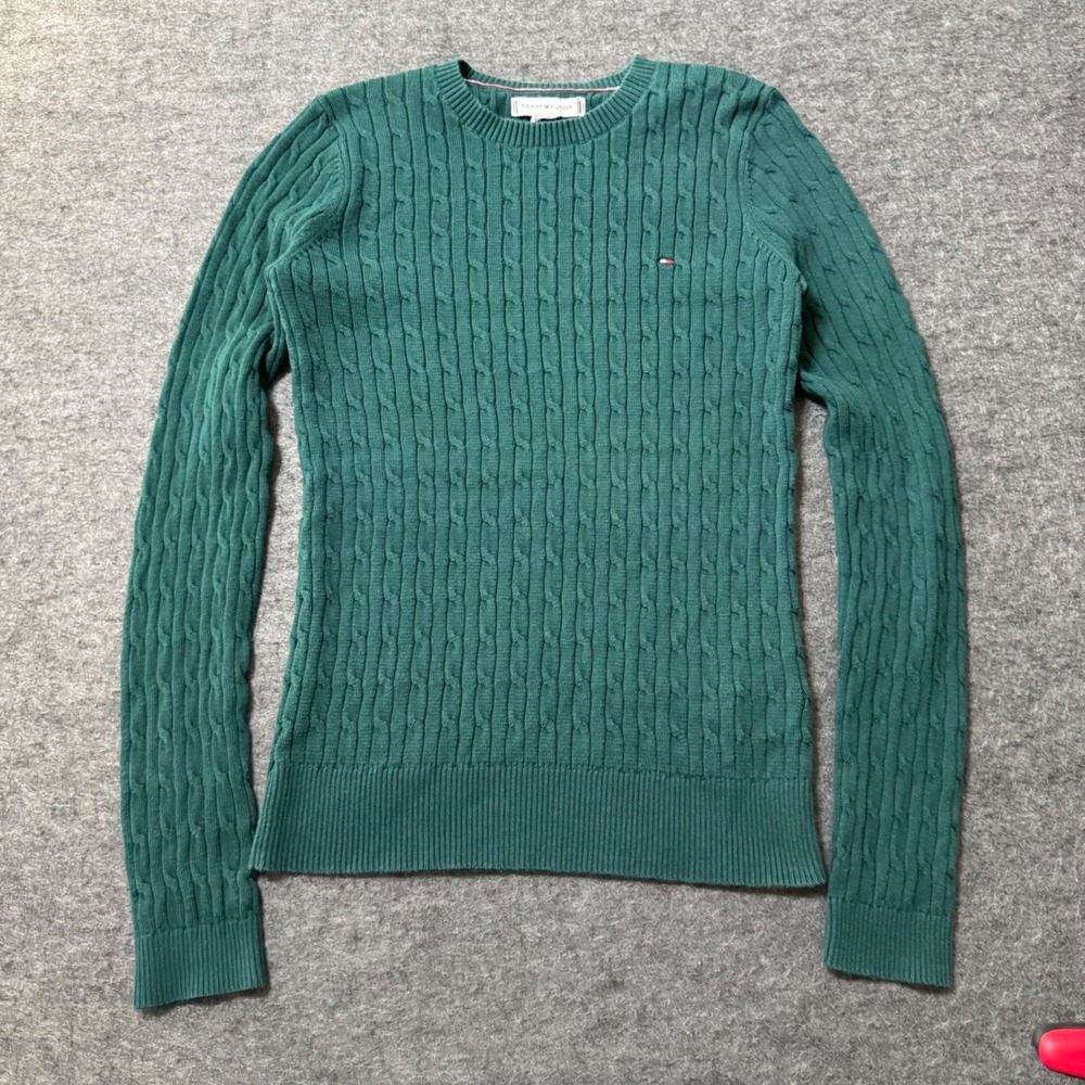 VTG Y2K Tommy Hilfiger Emerald Green Cable Knit Cotton Sweater XS 76J4735